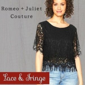 ROMEO & JULIET COUTURE Black Floral Lace and Fringe Top NWT/Lg
